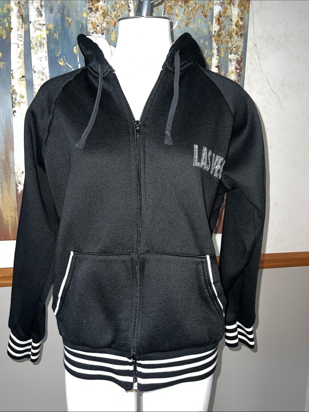 Black Hooded Zip Jacket with Striped Trim and Las Vegas Gem print